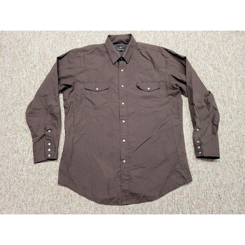 Roper Western Shirt Mens XL Brown Pearl Snap Long Sleeve Cowboy Rodeo Workwear